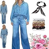 Denim Dreams Pajama Set, Soft Stretch Denim PJs for Women Relaxed Wide-Leg Pants Cozy Button-Down Top