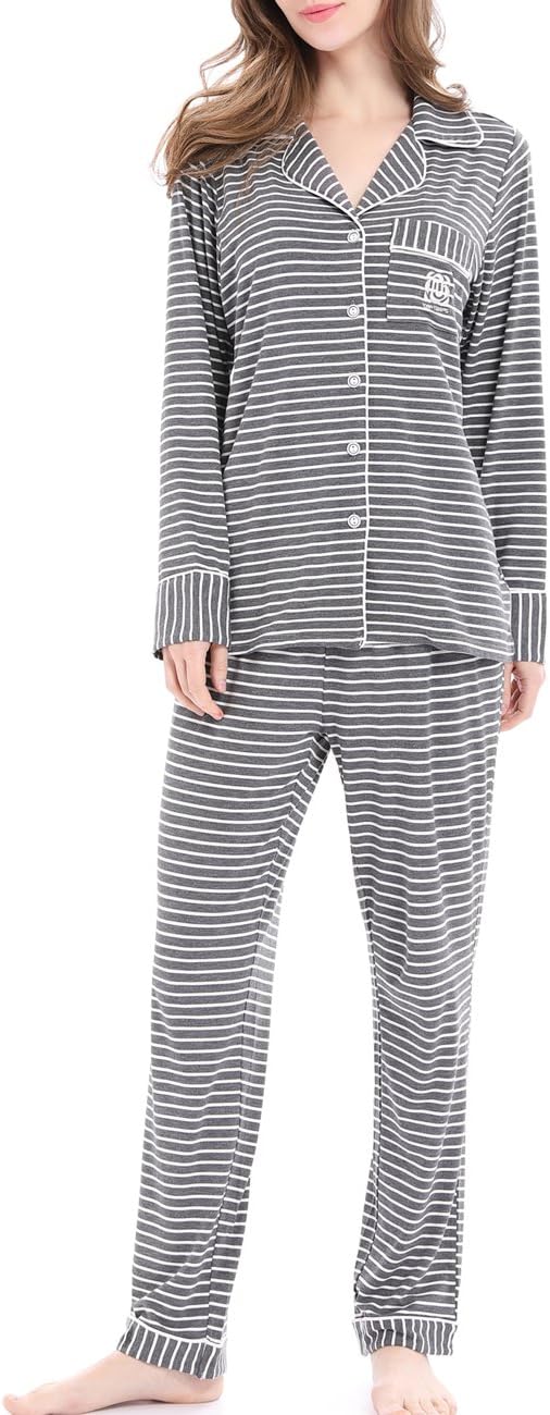 Women's Striped Soft Pajama Set Long Sleeve Tops & Bottom Pyjama Set PJS Nightwear Sleepwear (Grey Striped,XL)