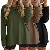 Ficerd 3 Pack Women's Oversized Long Sleeve Shirts Cotton Gym Round Neck Tops Loose Fit Casual Workout Baggy Fall Basic Tee(Black, Brown, Army Green,Small)