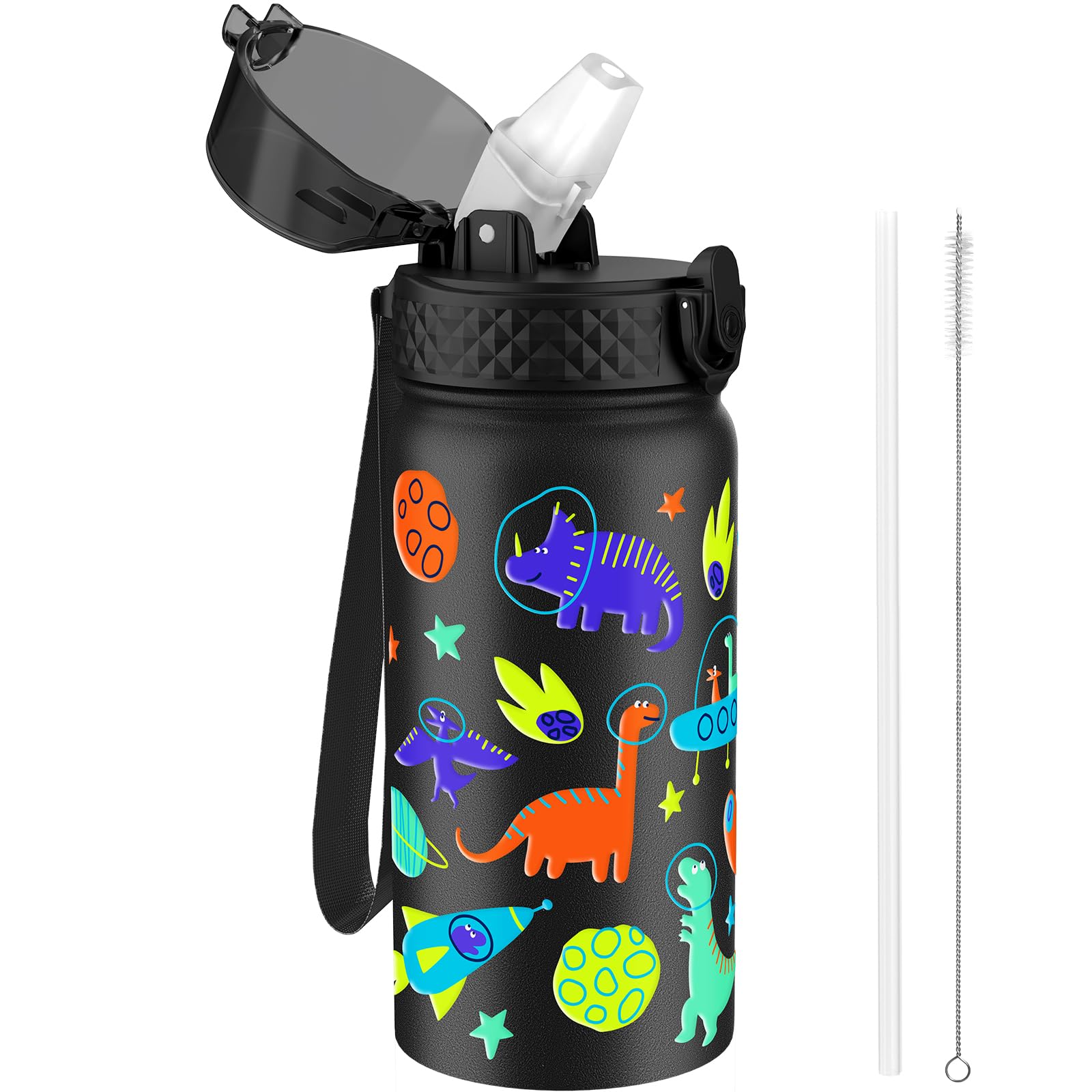 GOPPUS 420ml/14oz Kids Insulated Water Bottle with Straw Cute Double Wall Stainless Steel Child's Small Flask Vacuum Insulated Steel Metal Leak Proof Drink Flask Boys Toddler Girls Bottles BPA-Free