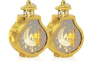 ABTOLS 2 Pieces Ramadan Lantern Decoration，Mini LED Eid Mubarak Moon Lamp Ramadan Hanging Candle Lantern Gold Islamic Muslim Light Lantern for Home Tabletop Decor Creative Party Supplies
