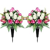 LOSFOTBO 2 Sets Artificial Cemetery Flowers for Grave,Realistic Grave Flowers for Cemetery,Silk Rose with Vase for Headstone Tombstone Decoration Easy fit (Pink White)