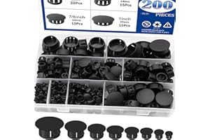 Tnisesm 200Pcs 8 Sizes Nylon Plastic Hole Plugs Black 1/4" 5/16" 3/8" 1/2" 5/8" 3/4" 7/8" 1" Round Drill Hole, Flush Type Pan