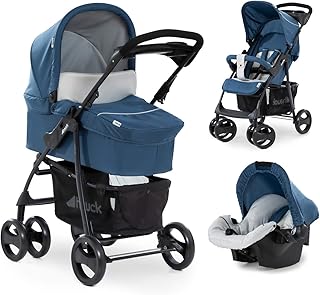 Hauck Shopper SLX Trio Set 3 in 1 Kinderwagen bis 25 kg + Babyschale + Babywanne mit Matratze ab Geburt, Buggy mit Liegefunktion, Getränkehalter, leicht, klein faltbar, denim (blau)