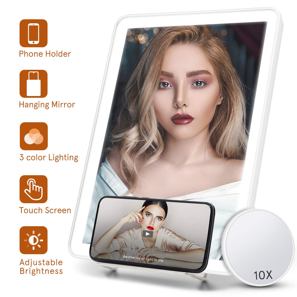 FASCINATE Portable LED Makeup Mirror with Phone Holder and 10X Magnifying, Cordless Travel Lighted Vanity Mirror 3 Color Light, Dual Supply Hanging Mirror, Touch Light up Desk Mirror White