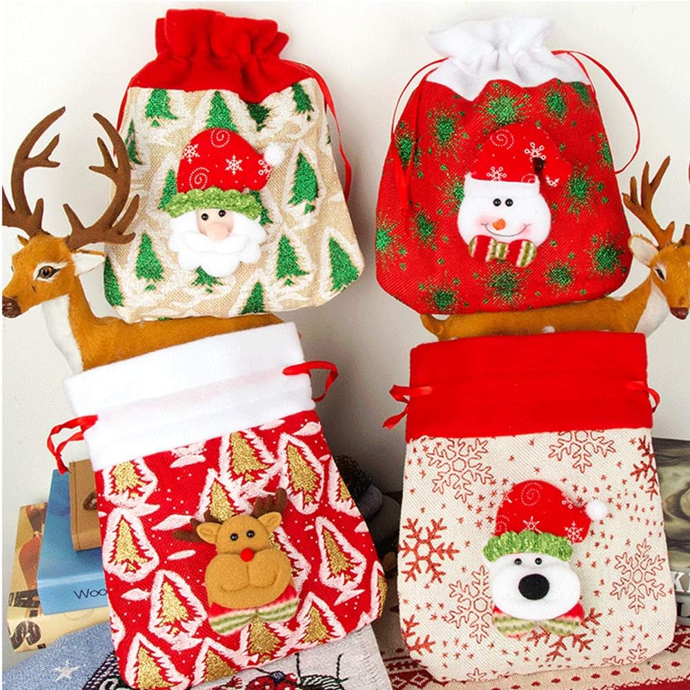 Camelliass 4pcs Christmas Drawstring Gift Bags 25x20cm Reusable Burlap Bags Candy Pouch Bags Candy Treat Bags Assorted Wrapping Bags for Holiday Party Supplies Xmas Gifts - Image 3