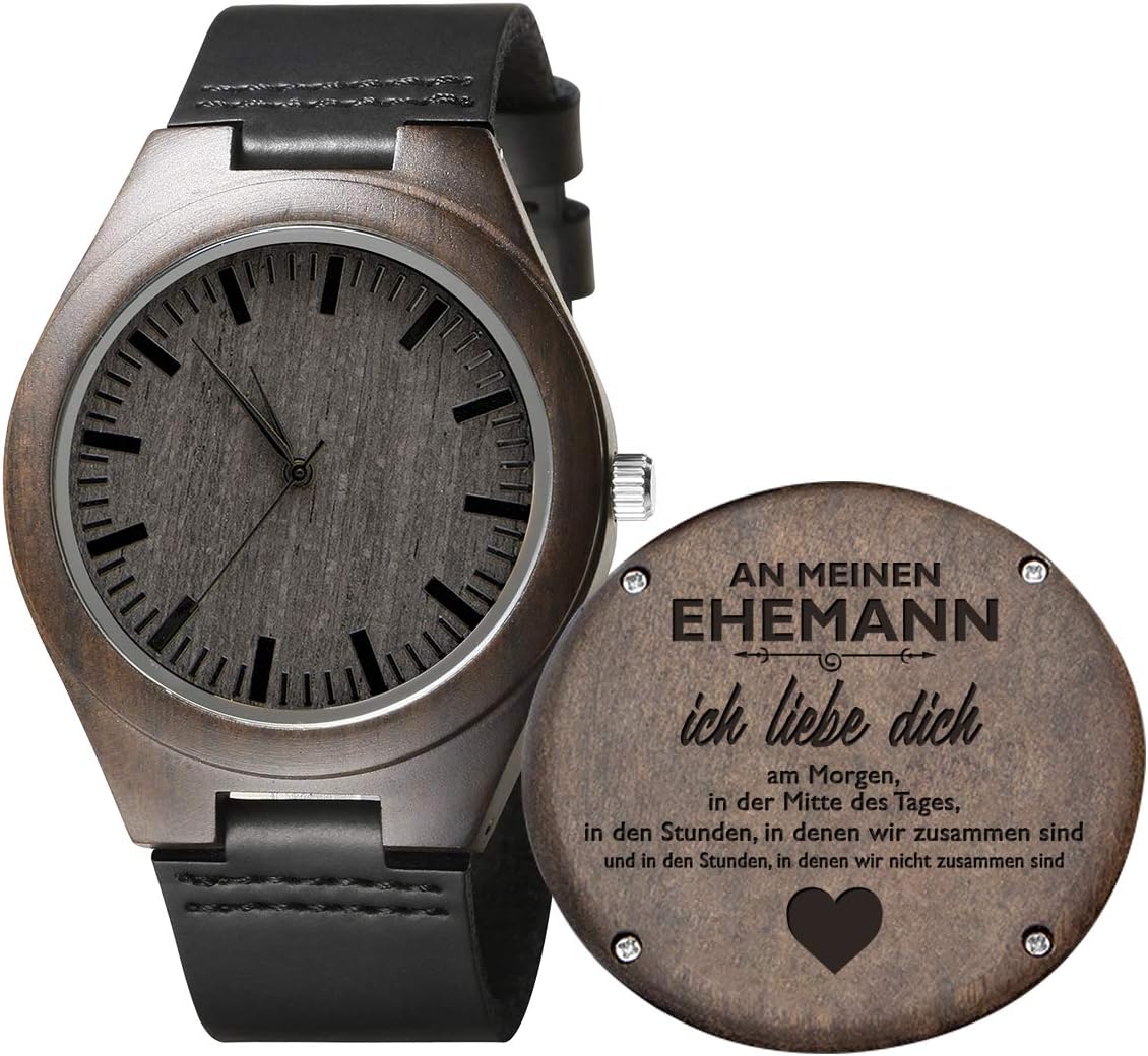 Engraved Wooden Watch for Men,Natural Wooden Groomsmen Watch for Husband Son Natural Ebony Customized Wood Watch Birthday Anniversary