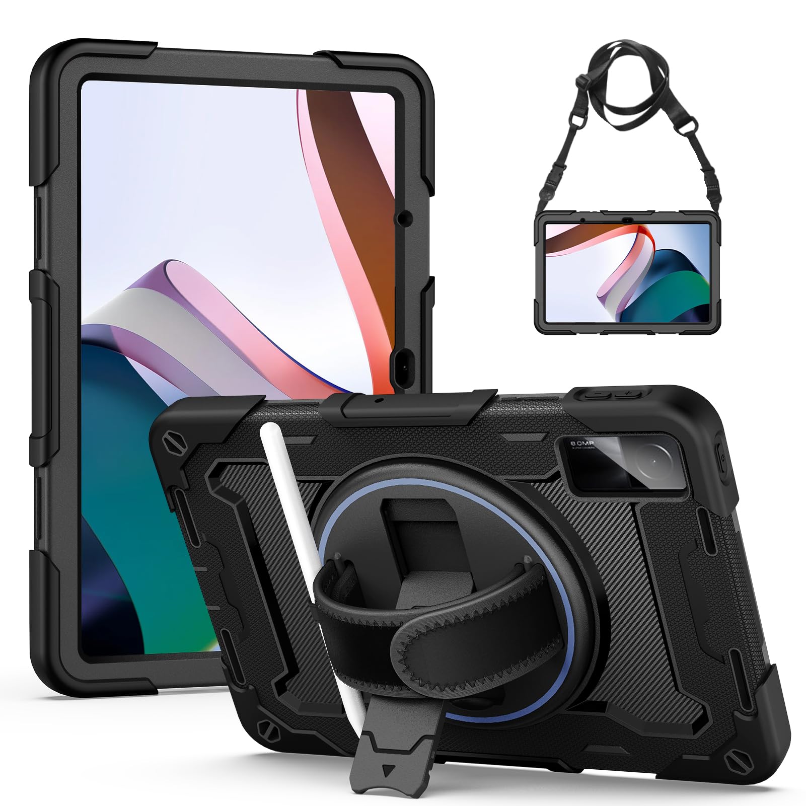 Gerutek for Xiaomi Redmi Pad 10.61 Case Shockproof, Heavy Duty Rugged Case with [360 Rotatable kickstand/Hand Strap] [Shoulder Strap] for Xiaomi Redmi Pad 10.61, Black — image 1