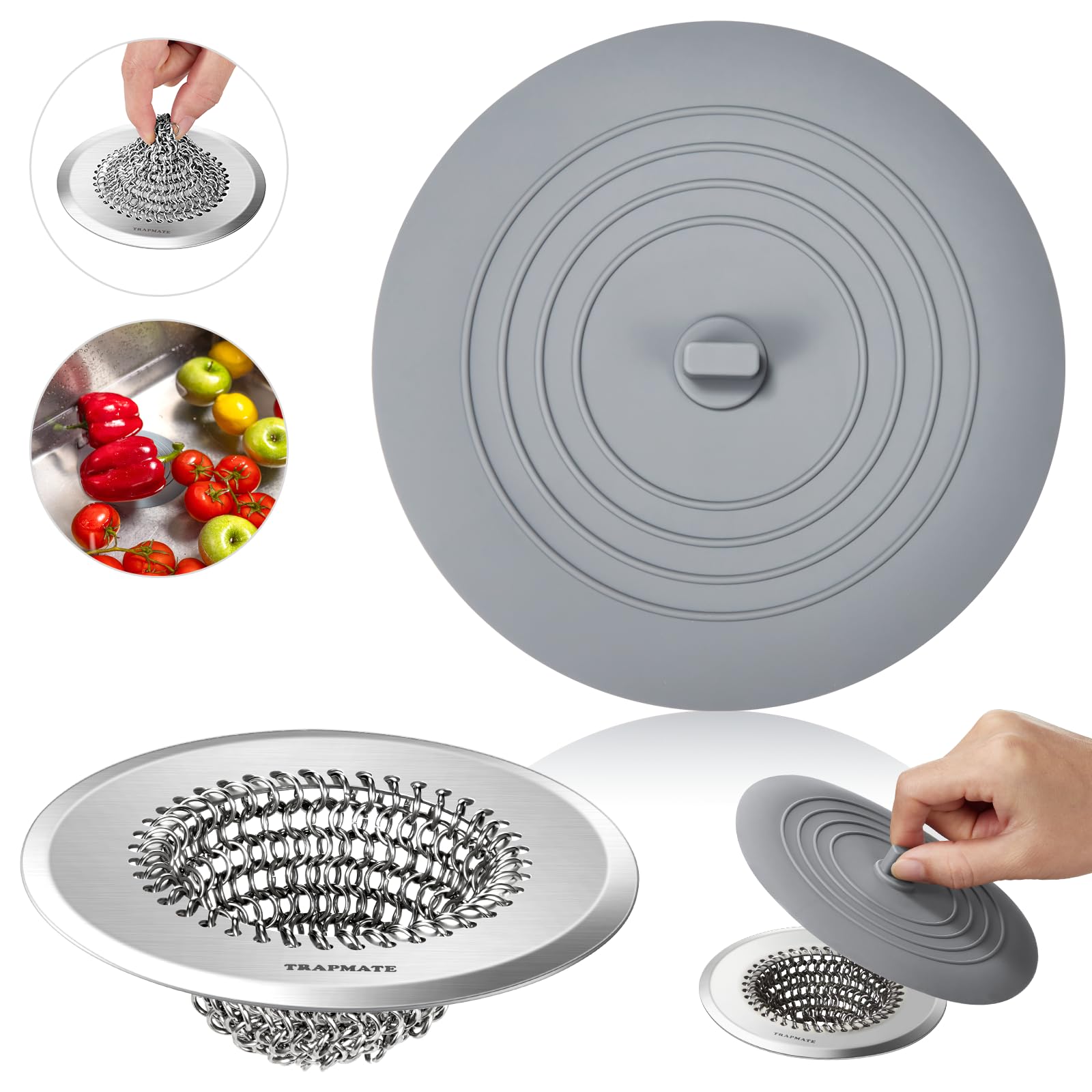 Photo 1 of **INCOMPLETE*** TRAPMATE Kitchen Sink Drain Strainer & Sink Stopper, Revolutionary Stainless Steel Drain Plug Combo, Anti-Clog Garbage Strainer Basket for US Standard Drains, Fits Single & Double Bowl Kitchen Sinks