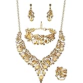 QYJ Jewelry Set for Women, Statement Necklace Dangle Earrings Bracelet Ring, White/KC Gold Plated Jewelry Set with Rhinestone Pearl Crystal Wedding Party Jewelry for Bridal Bridesmaid