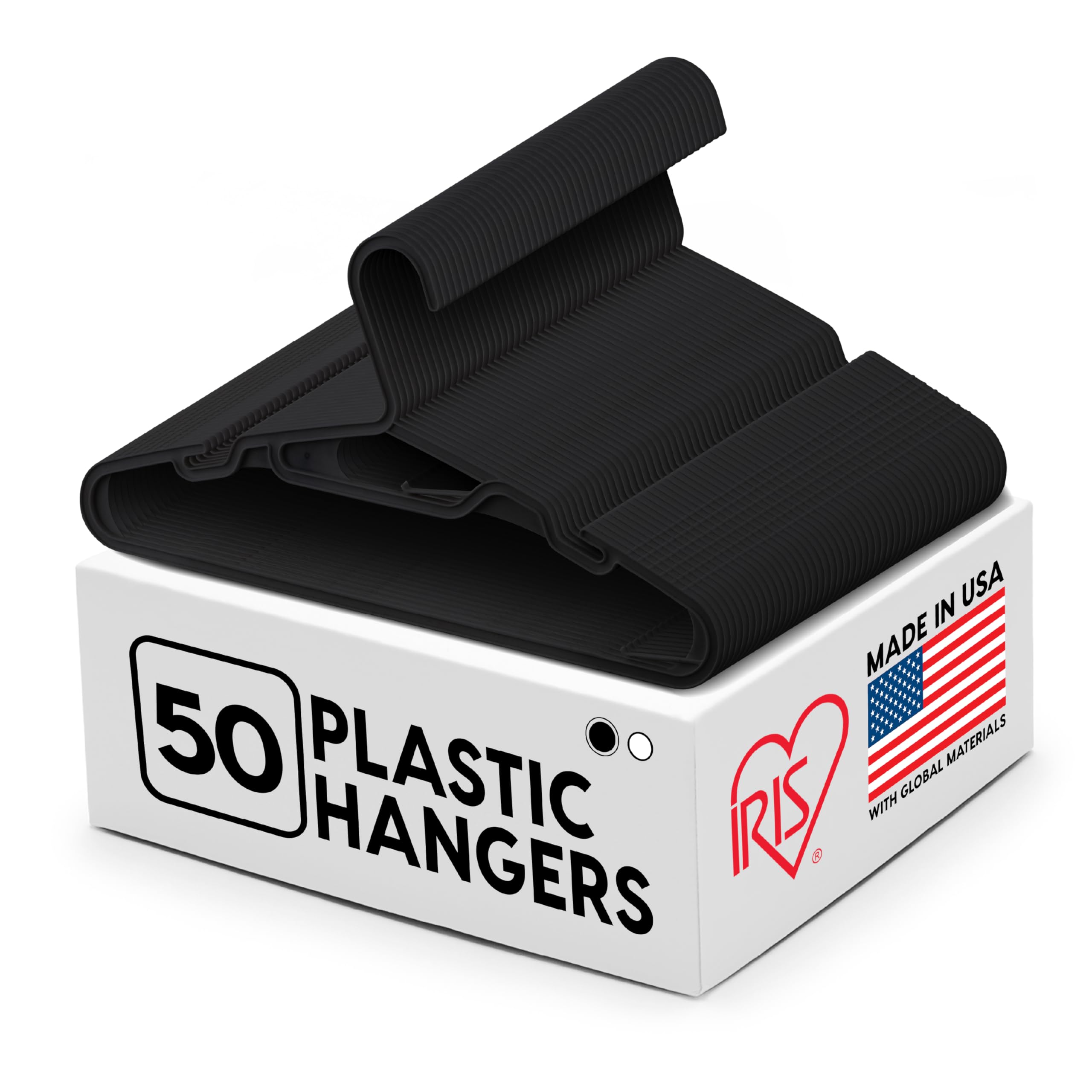 Photo 1 of IRIS USA Hangers 50 Pack, Clothes Hangers, Flexible Plastic Hangers with Shoulder Grooves & Accessory Hooks, Dorm Room Essentials Closet Organizer, Hangers for Lightweight Shirts Pants Dress, Black