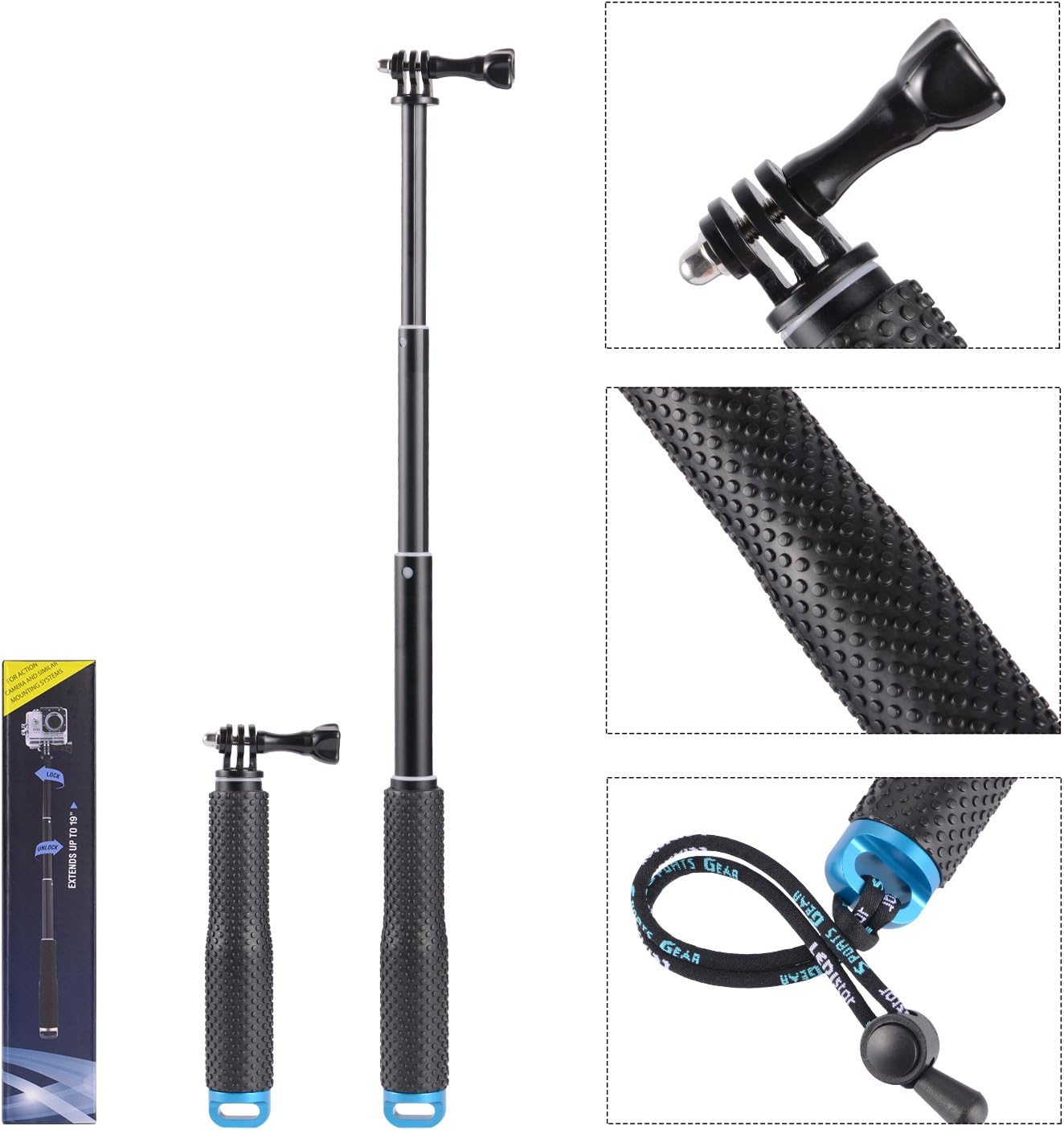 Trehapuva Selfie Stick, 19” Waterproof Hand Grip Adjustable Extension Monopod Pole Compatible With GoPro Hero(2018) Hero 7 6 5 4 3+3 2 1 Session, AKASO, Xiaomi Yi,SJCAM SJ4000 SJ5000 SJ6000 More(Blue)