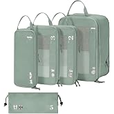 ECOHUB 5 Set Compression Packing Cubes for Suitcases Organiser Bags Set Travel Essentials with Shoe Bags for Travel Tear-resistant Travel Accessories with ID Tag Expandable Packing Bags(Green)