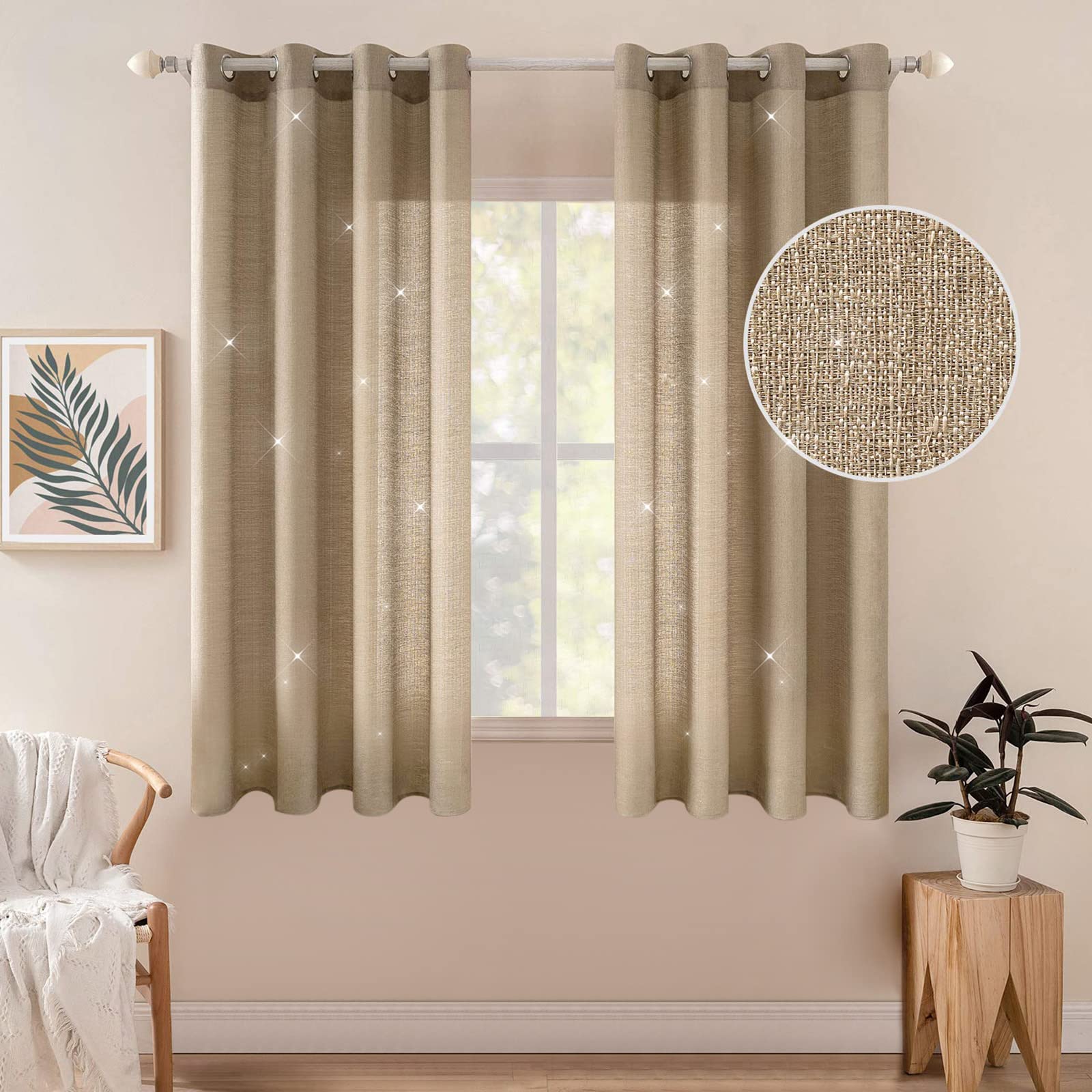 MIULEE 2 Panels Voile Sheer Curtains Cross Linen-like Solid Color Contemporary Decorative Ring Top Eyelet Panels for Bedroom Livingroom Nursery Room Brown 55" Wx57 L