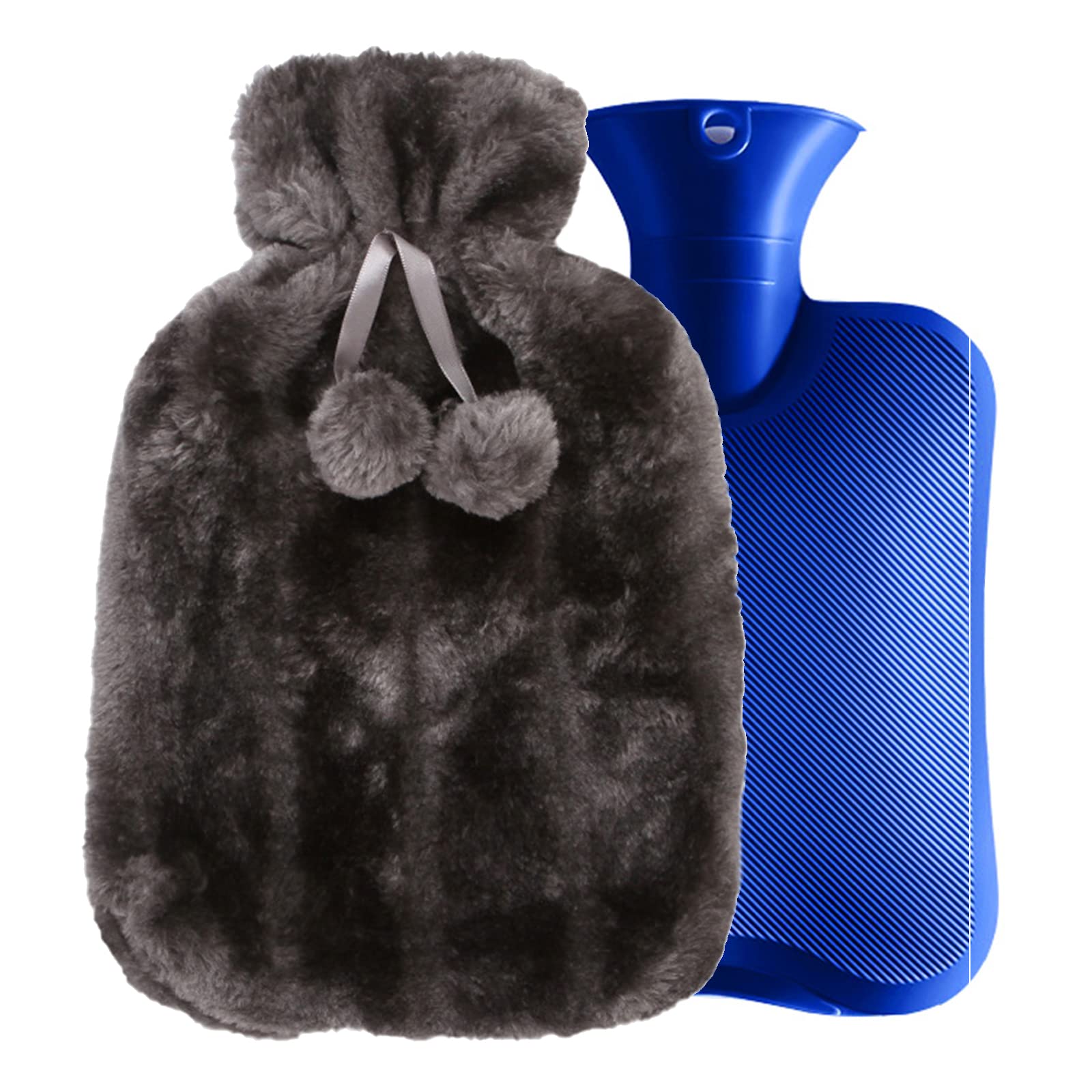 Hot Water Bottle with Cover 2L Large Fluffy Foot Hands Warmer Fleece Rubber Water Bag for Hot and Cold Compress Shoulder Back Neck Period Pain Cramp Relief Furry Body Bottle in Bed Grey