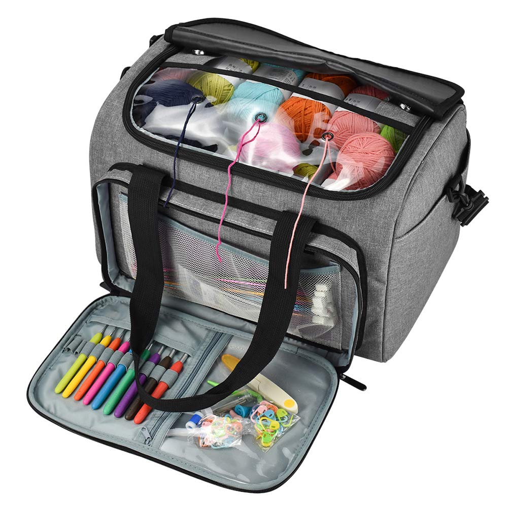 Coopay Crochet Bag, Portable Yarn Storage Bag, Travel Tote Bag for Protect Unfinished Project and Prevent Yarn Tangling, With Compartment and Grommets, Large, Oxford Cloth, 15 * 11 * 10 inch (Gray)