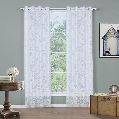 GWELL Weiß Transparent Gardinen Vogel Blatt Ösenschal Voile Vorhang mit Ösen Dekoschal für Wohnzimmer Schlafzimmer 1er-Pack 2