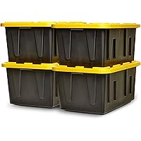 HOMZ 4-Pack Durabilt Tote, Heavy Duty Plastic Storage Bins with Lids, 27 Gallon, Black/Yellow - Stackable Organizing Containe