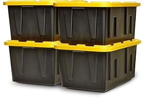 HOMZ 4-Pack Durabilt Tote, Heavy Duty Plastic Storage Bins with Lids, 27 Gallon, Black/Yellow - Stackable Organizing Containe