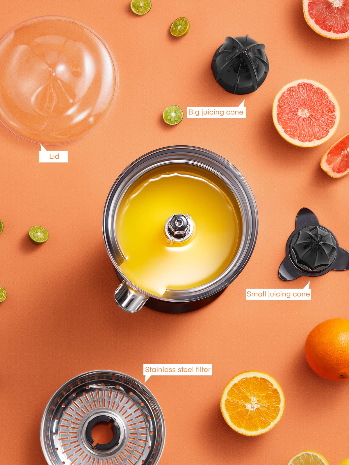 FOHERE Orange Juicer Squeezer Electric Citrus Juicer with Two Interchangeable Cones Suitable for orange, lemon and Grapefruit, Brushed Stainless Steel