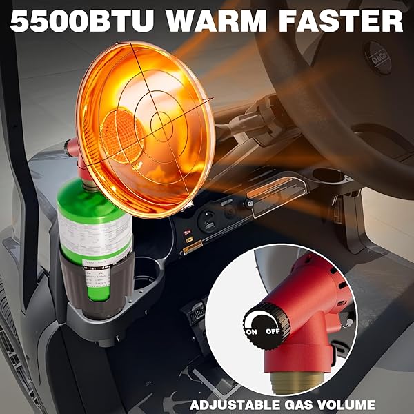TRUWILD UPGRADED OUTDOOR PROPANE HEATER 2025, 5500BTU HEATER WITH ADJUSTABLE 16OZ CYLINDER HOLDER (GAS CYLINDER NOT INCLUDED), OUTDOOR HEATER FOR MOST GOLF CART EZGO, YAMAHA & CLUB CAR