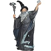 ICE ARMOR 7.75" H Gray/Black Wizard with Magic Wand and Glass Ball Statue Fantasy Decoration Figurine
