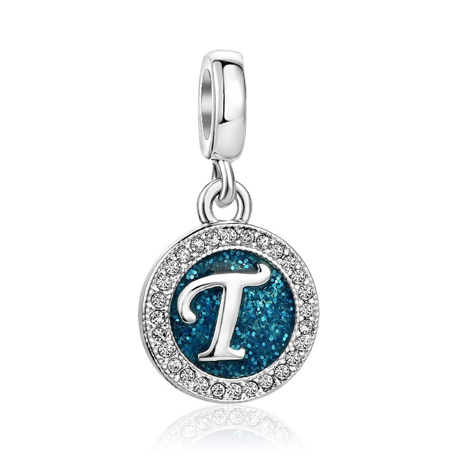 KunBead Jewelry Letter T Initial Charms for Mum Gifts from Son Blue Dangle Crystal Alphabet Bead Charm for Necklace
