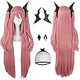 ANOGOL Hair Cap+ 3PCS Set (1 *Headwear) Long Pink Wig Anime Cosplay Hair Clip On Ponytails Pink Synthetic Wig Vampire Cosplay for Women Girls Anime Cartoon Costume Party Halloween Christmas