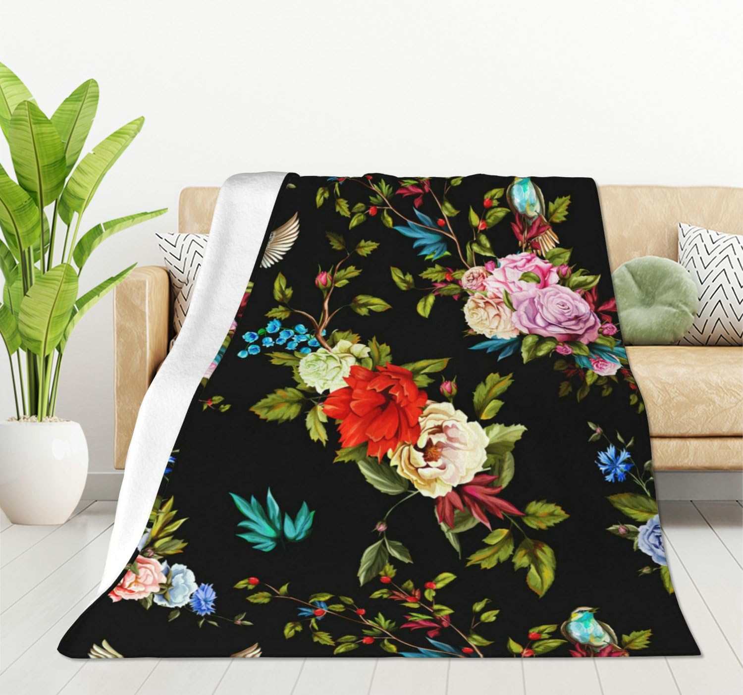HGOD DESIGNS Wild Flowers Blanket Peony Roses Nightingale Cornflower Throw Blanket Decor Cozy Warm for Home Bedroom Sofa Office 130x150cm
