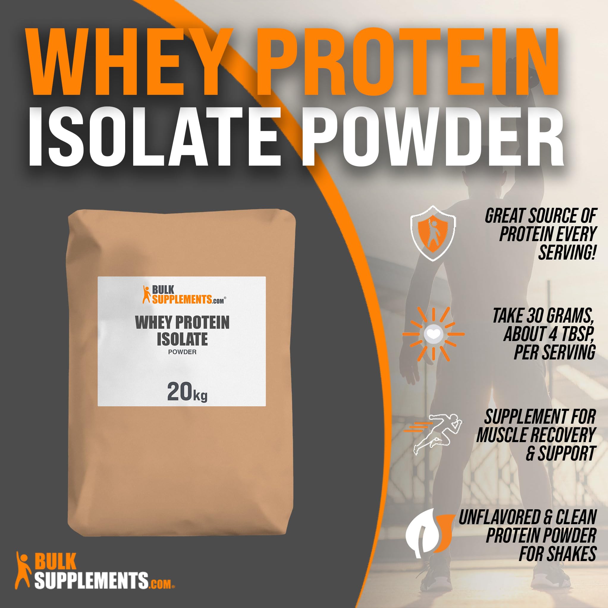 BulkSupplements.com Whey Protein Isolate Powder - Whey Protein Powder, Unsweeteneed, Unflavored & Gluten Free - 30g per Serving, 20kg (44 lbs) (Pack of 1)