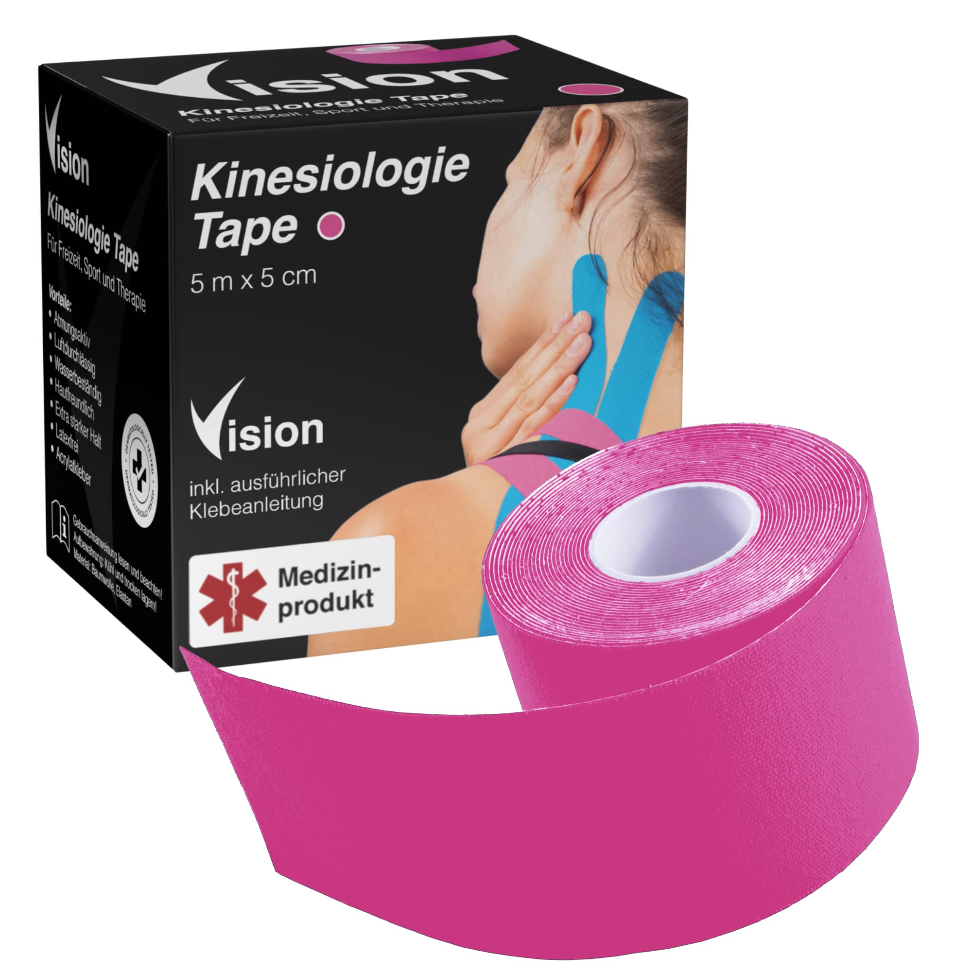 Vision Kinesiology Tape Pink - 5 cm x 5 m - Kinesio Tape with Extra Strong Hold - Super Skin-Friendly Kinesio Tapes - Breathable and Waterproof Physio Tape