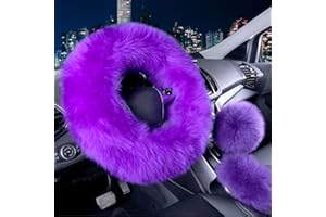 Vacallity 3 Pcs Fluffy Steering Wheel Covers, Universal Soft Comfortable Non-Slip Pure Wool Car Wheel Covers with Handbrake Cover Gear Shift Cover for Woman＆Girl,（Purple
