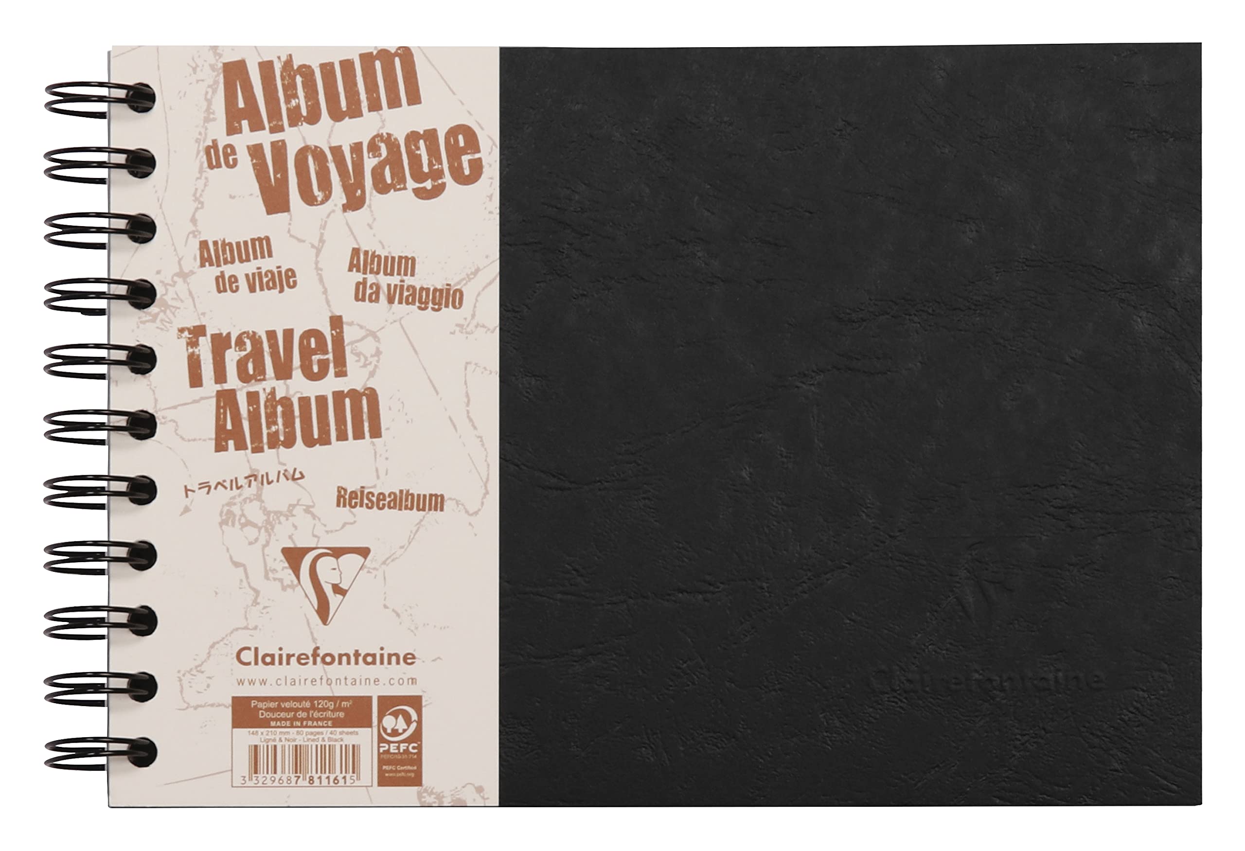 Clairefontaine 781161C Collection Age Bag Black Spiral Travel Album - A5 21x14,8cm - 80 Pages - White 120g Lined + Black Grain Paper 160g - Cover Leather Grain