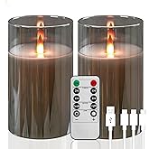 haitanghua Rechargeable Flameless Candles, Flickering LED Candles, Real Wax Candles with Remote and Timers, Glass Pillar Candles 3D Wick for Wedding Festival Home Decoration, 6" Candle Set of 2,Grey
