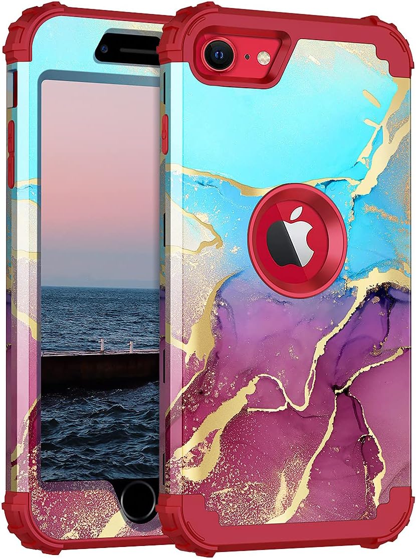 Rancase for iPhone SE 2020 Case,Three Layer Heavy Duty Shockproof Protection Hard Plastic Bumper +Soft Silicone Rubber Protective Case for Apple iPhone SE (2nd Gen) 4.7 inch,Blue/Red