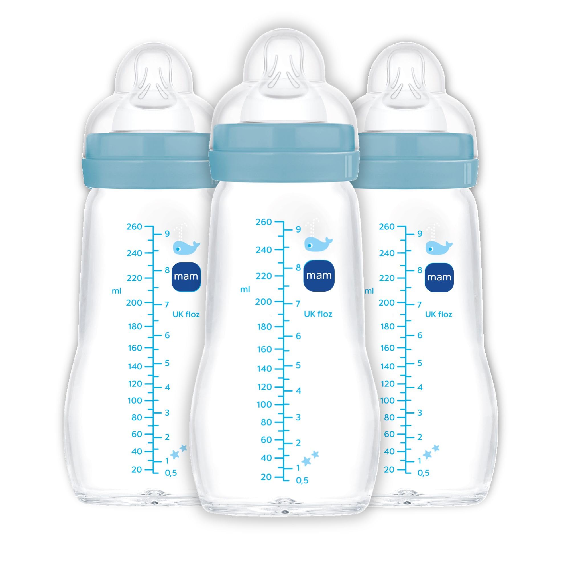 Photo 1 of *** MISSING ONE BOTTLE ****MAM Premium Glass Baby Bottles, Easy Switch Between Breast and Bottle, Feel Good Medium Flow, Newborn Essentials Must Have, 2+ Months, BPA Free, 9oz, Boy, 3pack