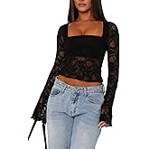 Oumrdeo Womens Mesh Sheer Tops Long Sleeve V Neck Sexy See Through Shirts Lace Floral Blouses Y2k Layering Top