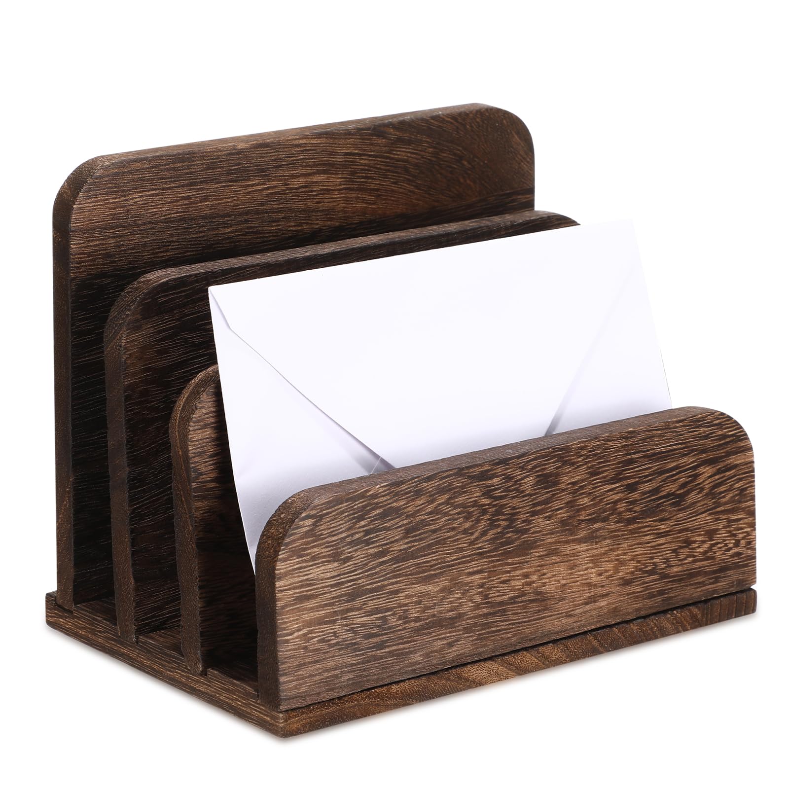 Photo 1 of Briwooody Wooden Mail Holder 3 Slots Mail Organizer for Desk Wood File Paper Letter Sorter for Letter Envelope Filing Cell Phone Document Storage, Organizer Tray for Office and Home (Dark Brown)