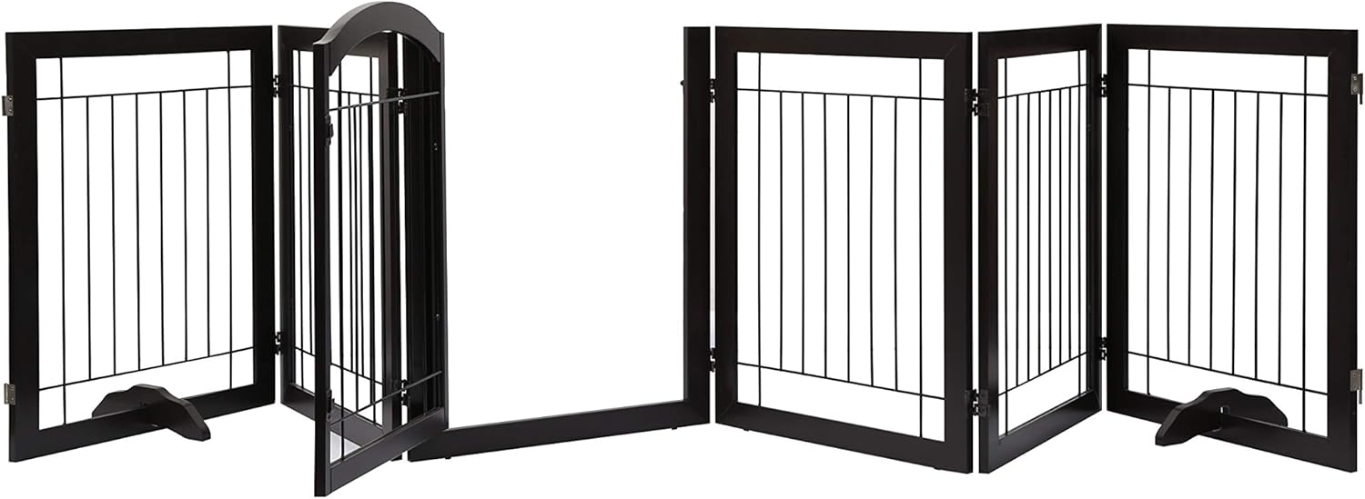 PAWLAND 144-inch Extra Wide 30-inches Tall Dog gate with Door Walk Through, Freestanding Wire Pet Gate for The House, Doorway, Stairs, Pet Puppy Safety Fence, Support Feet Included, Espresso,6 Panels: Baby