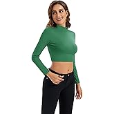 Womens Long Sleeve Crop Tops Lightweight Mock Neck Base Layer Shirts