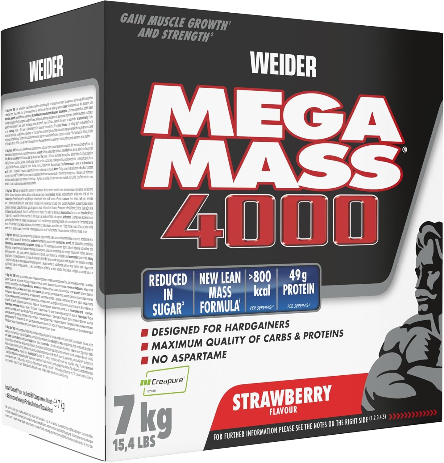 Weider Mega Mass 4000, Strawberry, Protein Rich Formulation with Creapure Creatine, High Quality Complex Carbs, Muscle Building, 7kg