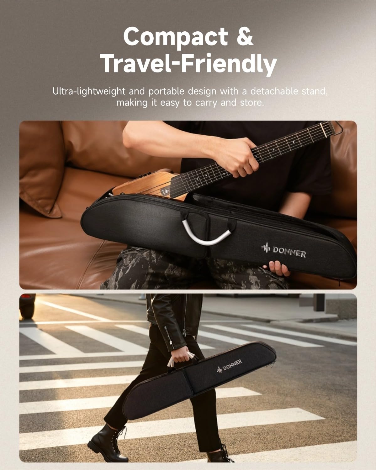 Donner HUSH I Guitar For Travel - Portable Ultra-Light and Quiet Performance Headless Acoustic-Electric Guitar, Maple Body with Removable Frames, Gig Bag, and Accessories