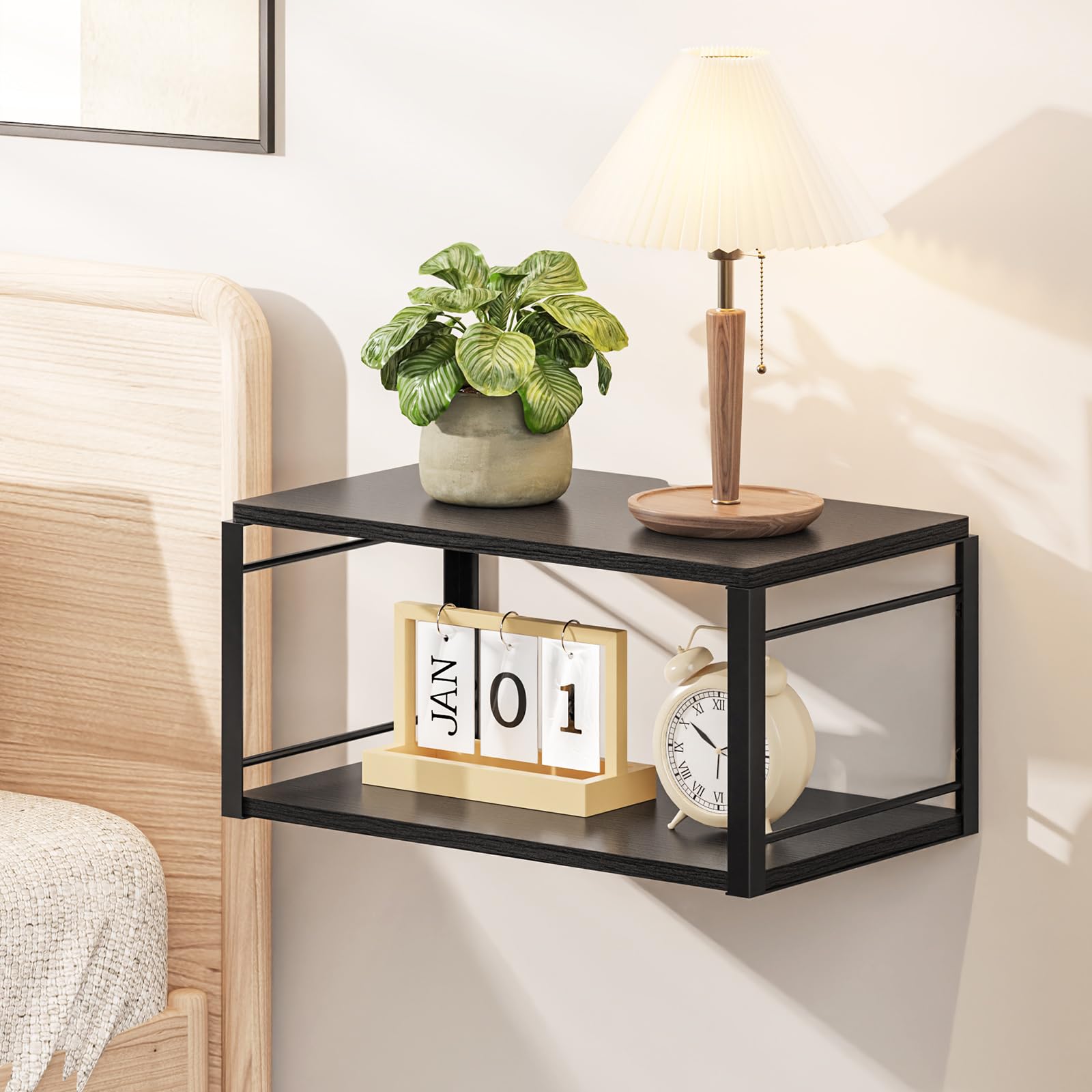 Photo 1 of NANAGIFTREE Floating Nightstand, Wood Bedside Shelf Wall Mounted Nightstand, Floating Bedside Table for Bedroom, Living Room, Bathroom, Kitchen, Office (Black)