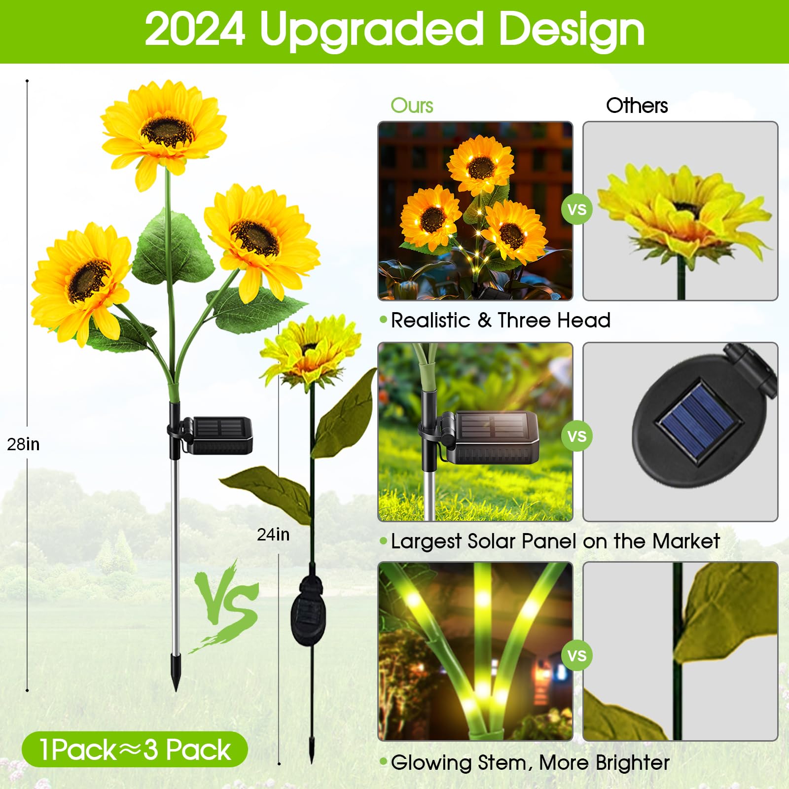 KOOPER Solar Lights Outdoor Decor - Upgraded 3 Pack Solar Garden Lights with 9 Sunflower Lights, Waterproof Solar Outdoor Lights Auto ON/Off Solar Decorative Lights for Garden, Patio, Yard