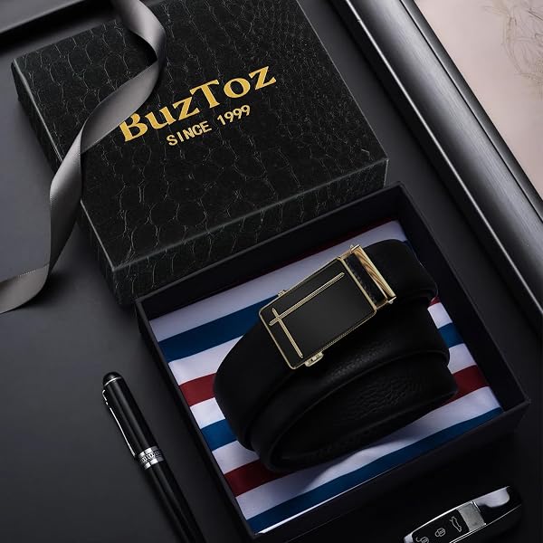 BUZTOZ MENS BELT,LEATHER RATCHET DRESS BELTS WITH SLIDING ADJUSTABLE, ZD056-F SILVER, 52 TO 58 WAIST ADJUSTABLE