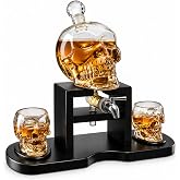 Skull Whiskey Decanter With 2 Shot Glasses, Gothic Halloween Home Bar Decor | Skeleton Spigot Server On Mahogany Base For Wine Bourbon Scotch Haunted House Display Spooky Party Drinkware Unique Goth Gift