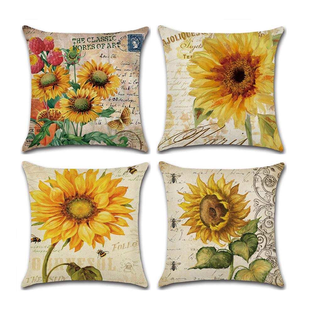 COWORK Set of 4 Vintage Sunflower Cushion Cover Cotton Linen Throw Pillow Case Decorative Sofa Square Pillowcase for Home Deco Favor, 18 x 18 inch / 45 x 45 cm with Invisible Zipper