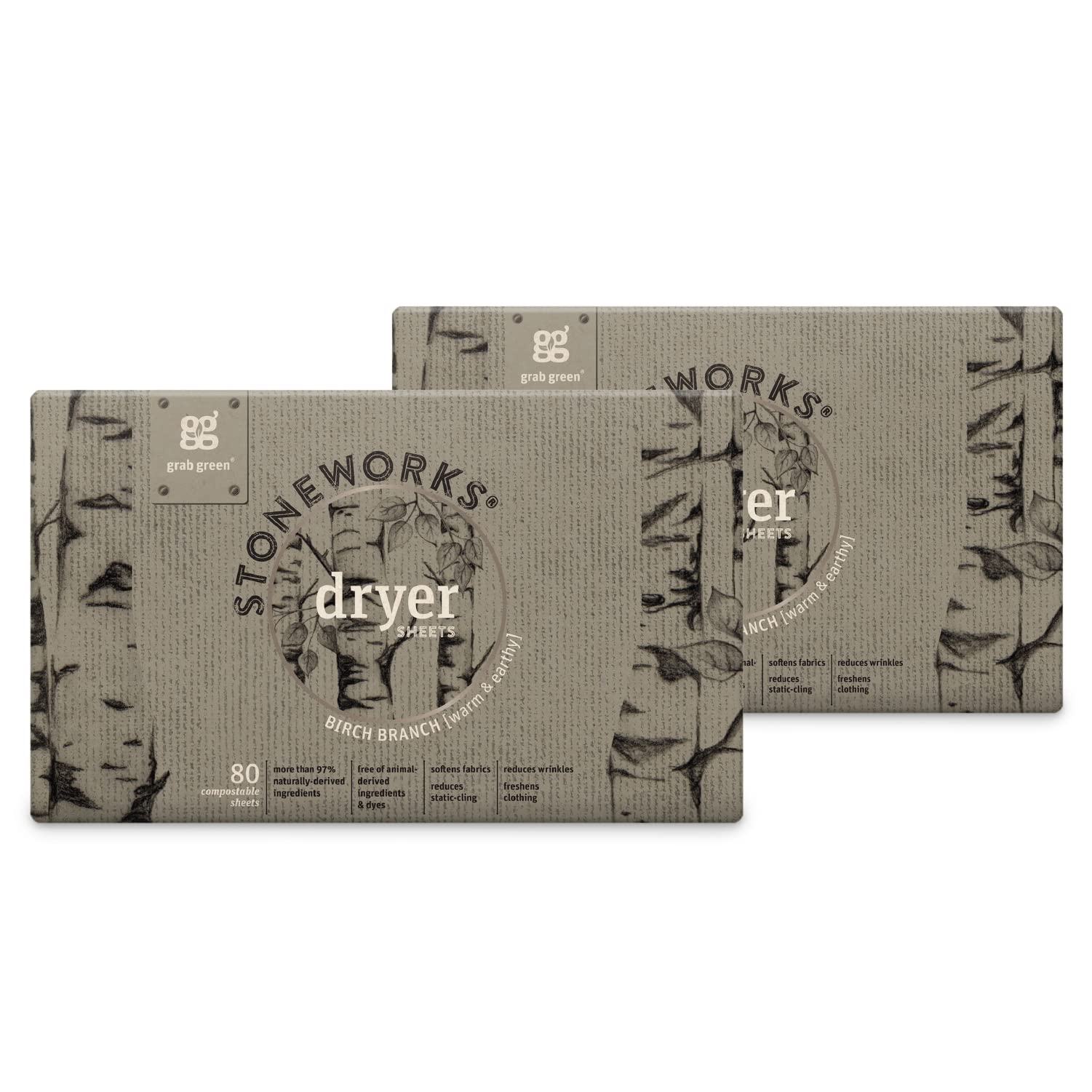Photo 1 of Grab Green Stoneworks Cruelty-Free Dryer Sheets | Softens Fabrics, Freshens Clothing & Reduces Static-Cling and Wrinkles | Plant Based | Birch Branch Scent (160 Sheets)