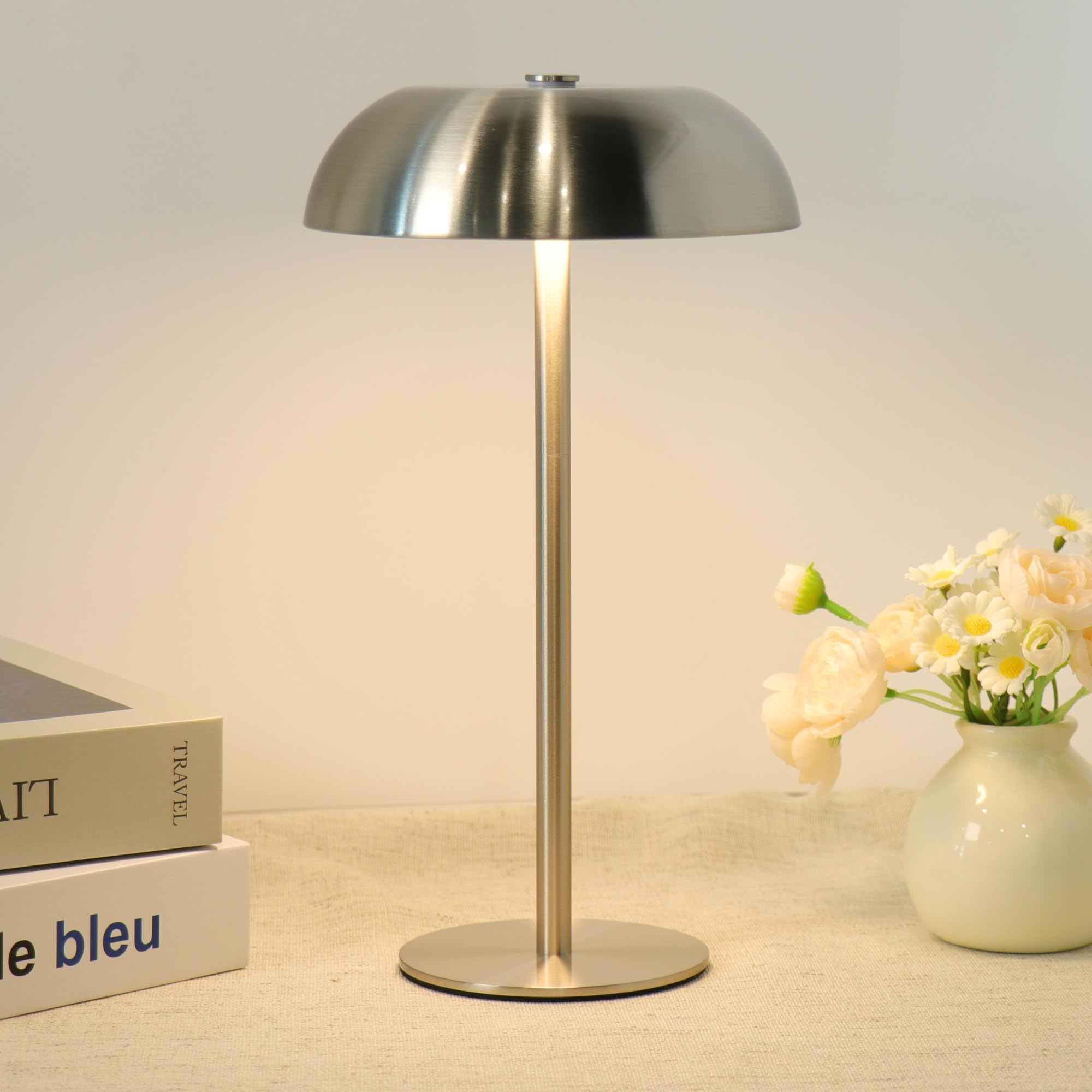 Photo 1 of JHWDHD Portable Mushroom Table Lamp with 5200mAh Battery, Cordless LED Night Light with Stepless Dimming, 3 Color Modes & Adjustable Height for Bedroom, Patio, Bar Decor and Coffee Shop (Silver-Tall)