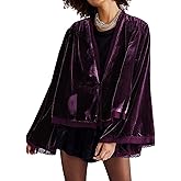 R.Vivimos Women's Fall Velvet Casual Jackets Bell Long Sleeve Tie Front Lace Trim Loose Vintage Kimono Cardigan Short Coat